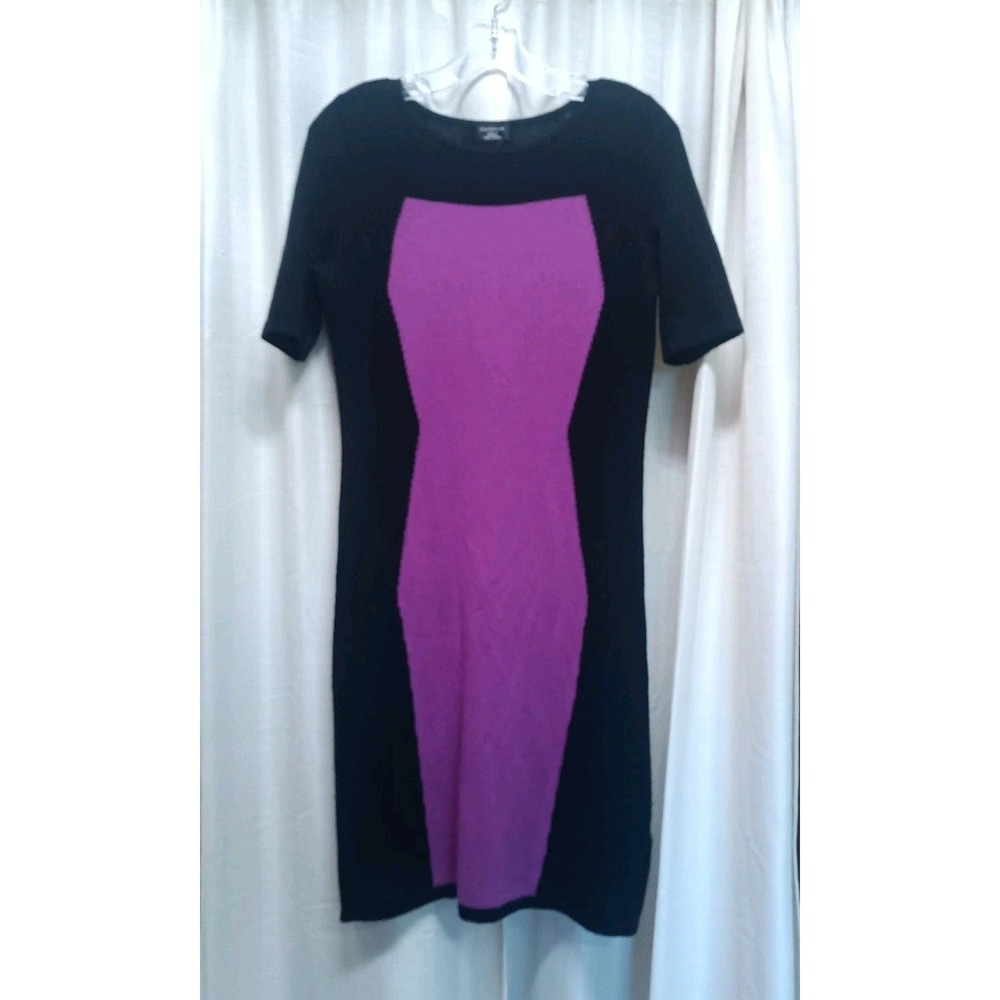 Lord‎ & Taylor Women's M Cashmere Wool Black Purple Short Sleeve Midi Dress